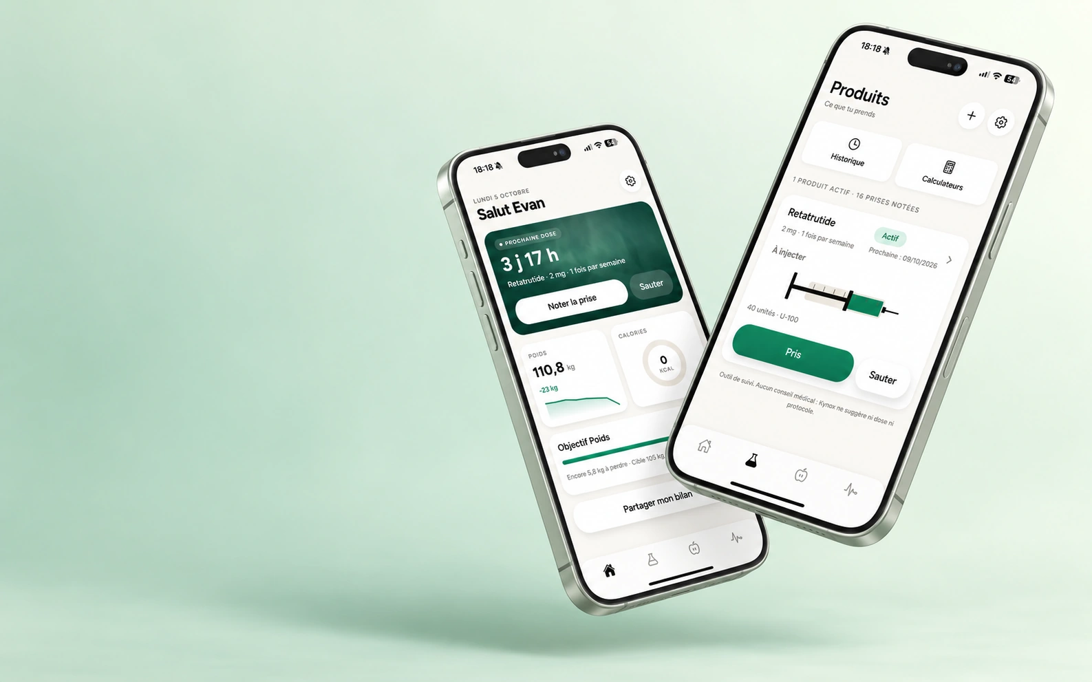Deux téléphones présentant le tableau de bord et le suivi des produits de Kynox.